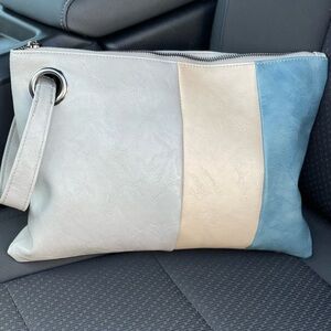 Tri-Color Leatherette Wristlet Clutch - Blue, Cream, Light Gray Chic Everyday